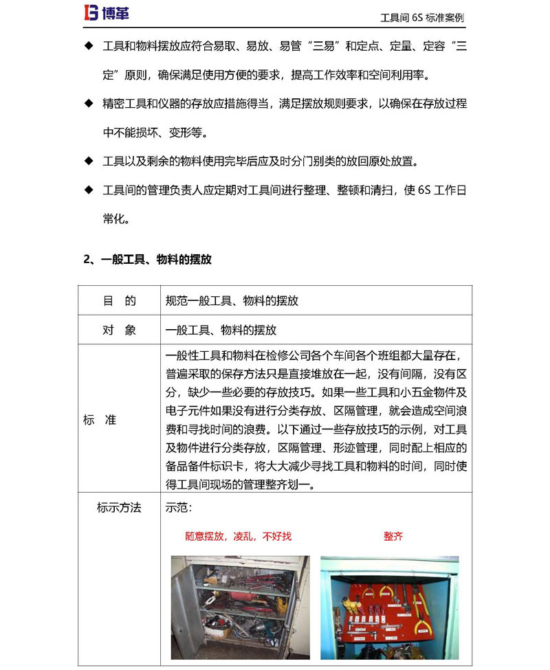 工具間一般工具，物料的擺放